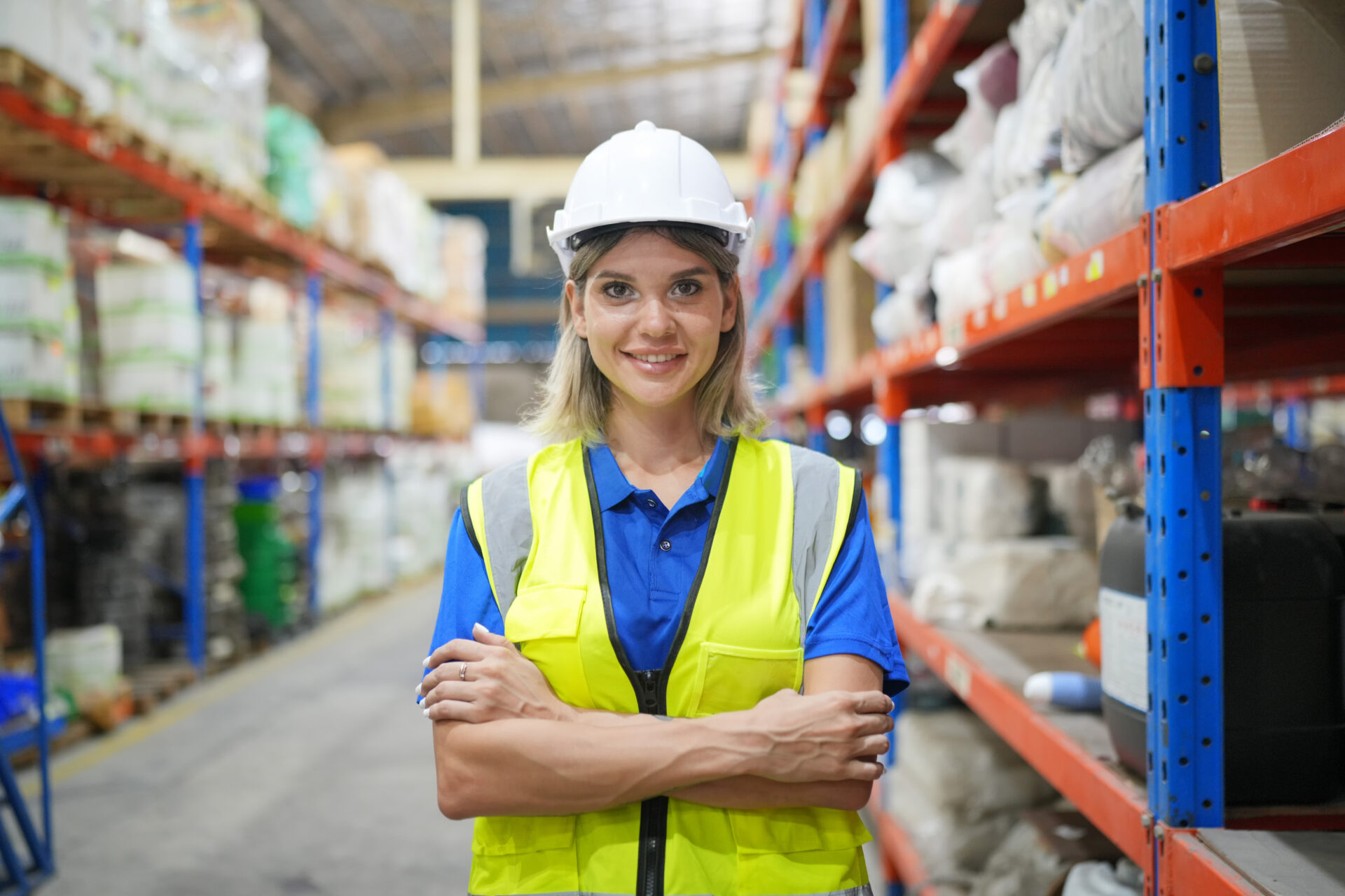 female warehouse worker in uniform