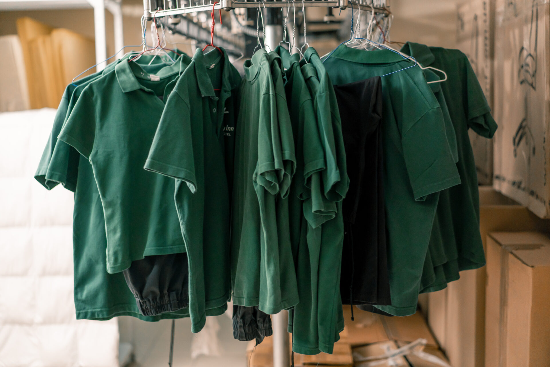 hotel uniforms on hangar