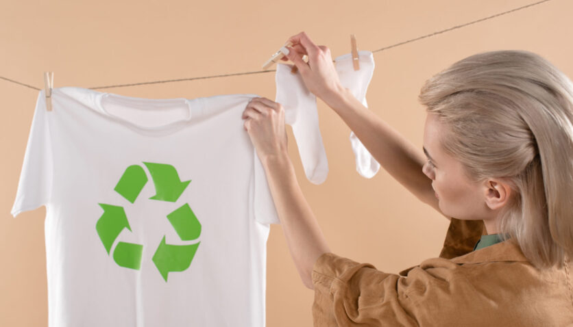 woman hanging t shirt
