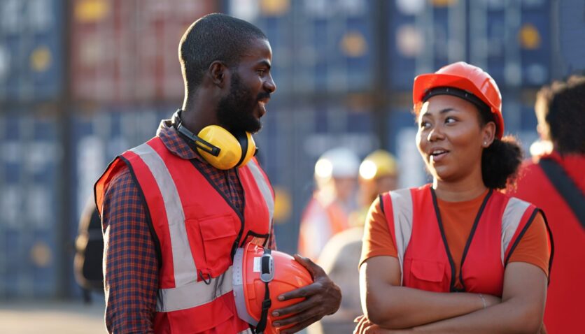 two workers in uniform on a construction site