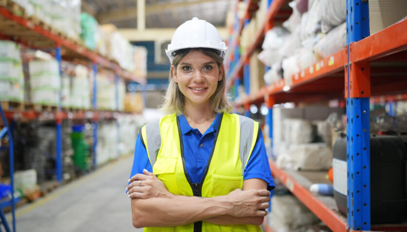 female warehouse worker in uniform